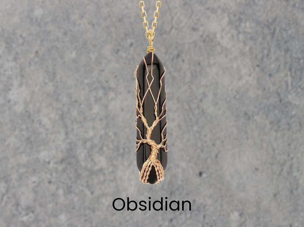 Obsidian Gold Tree of Life Wrapped Necklace Boho Fairycore